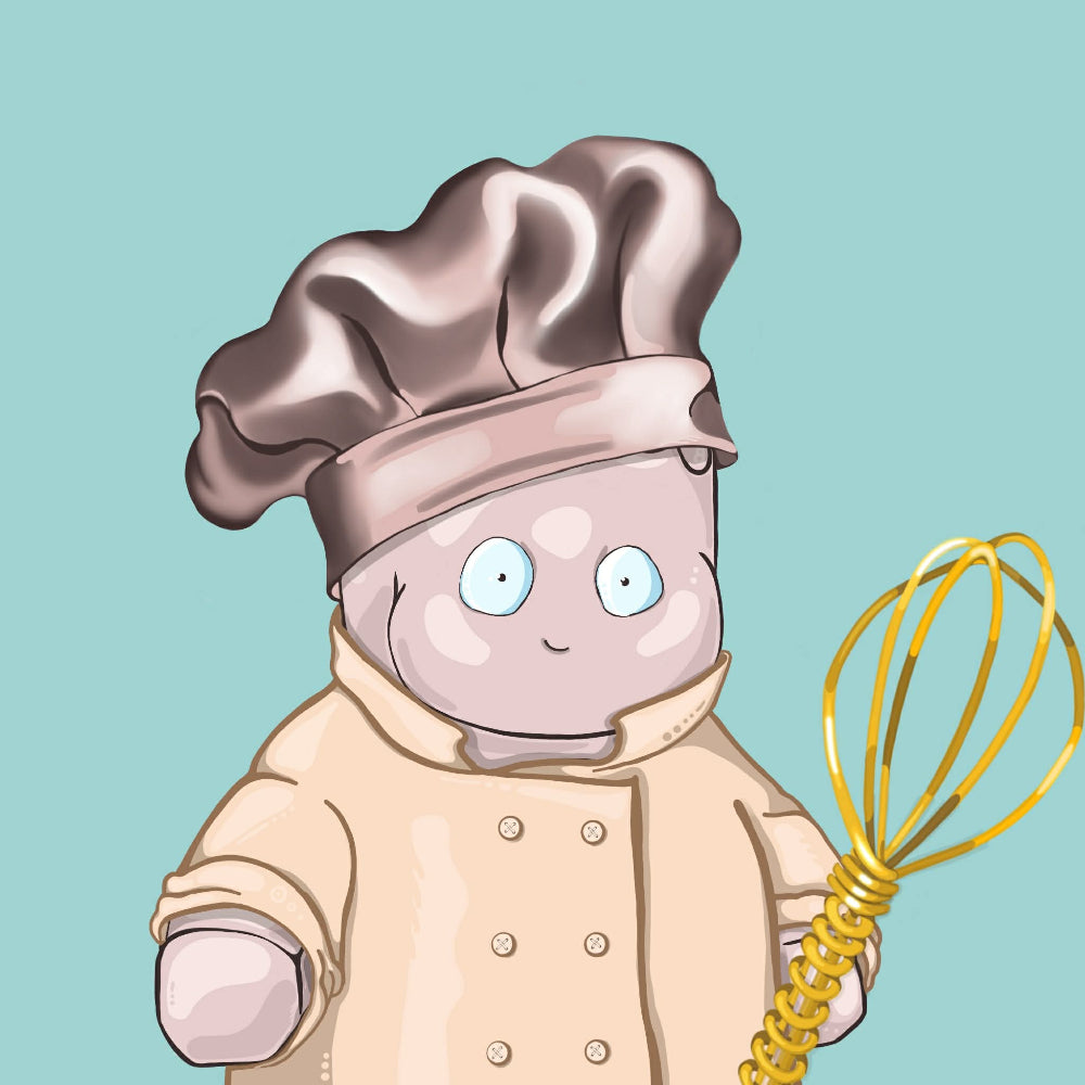 Cartoon character in a chef's outfit holding a whisk against a light blue background